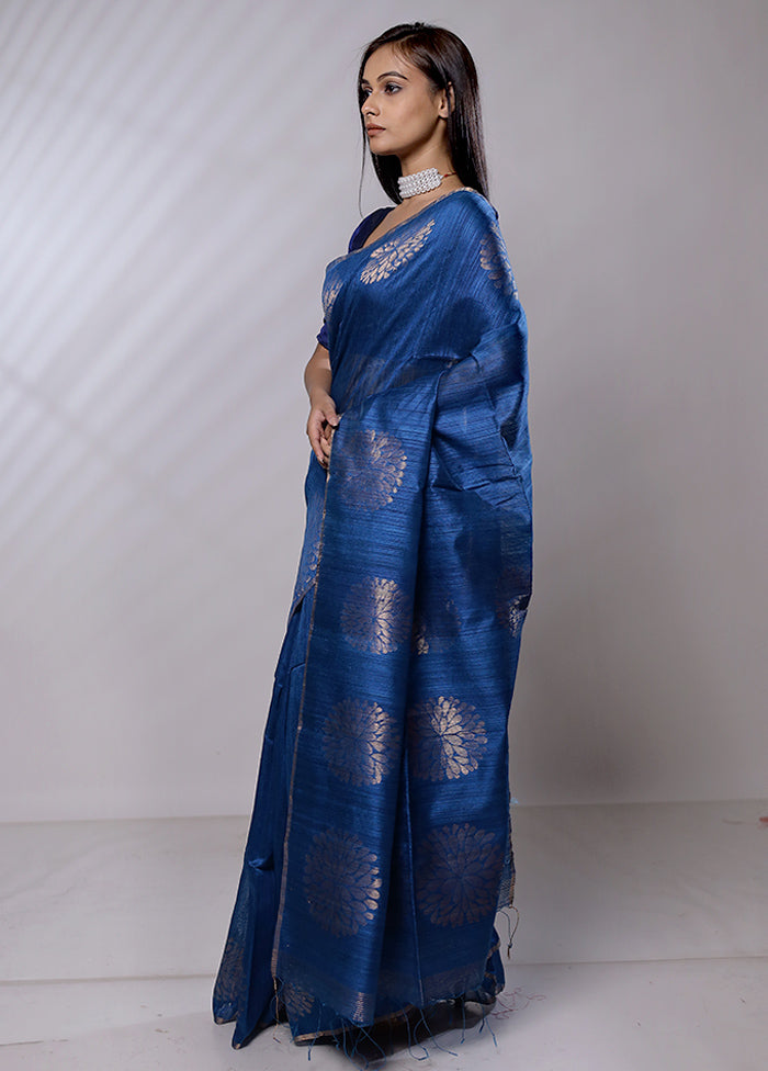 Blue Handloom Matka Pure Silk Saree With Blouse Piece