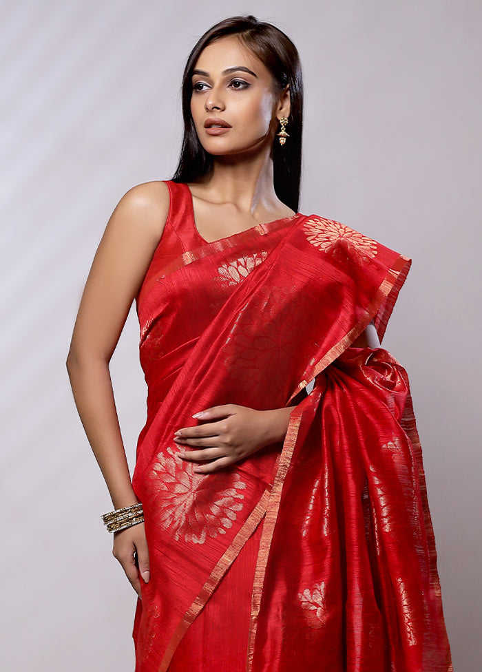 Red Handloom Matka Pure Silk Saree With Blouse Piece