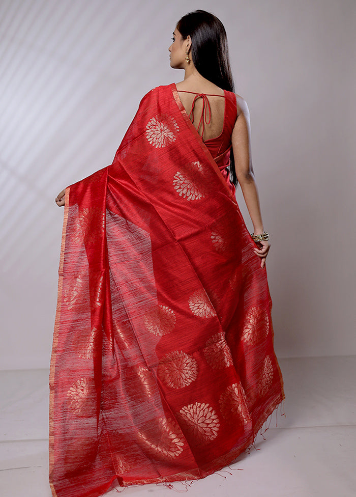 Red Handloom Matka Pure Silk Saree With Blouse Piece