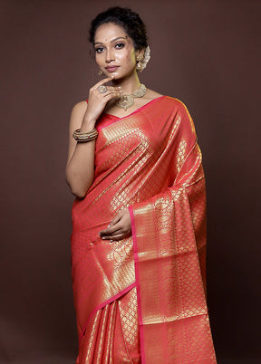 Peach Kora Silk Saree With Blouse Piece