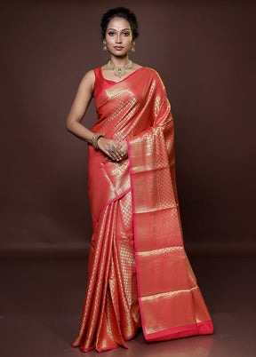 Peach Kora Silk Saree With Blouse Piece