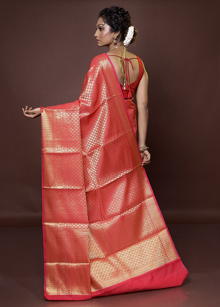 Peach Kora Silk Saree With Blouse Piece