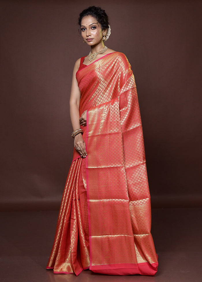 Peach Kora Silk Saree With Blouse Piece