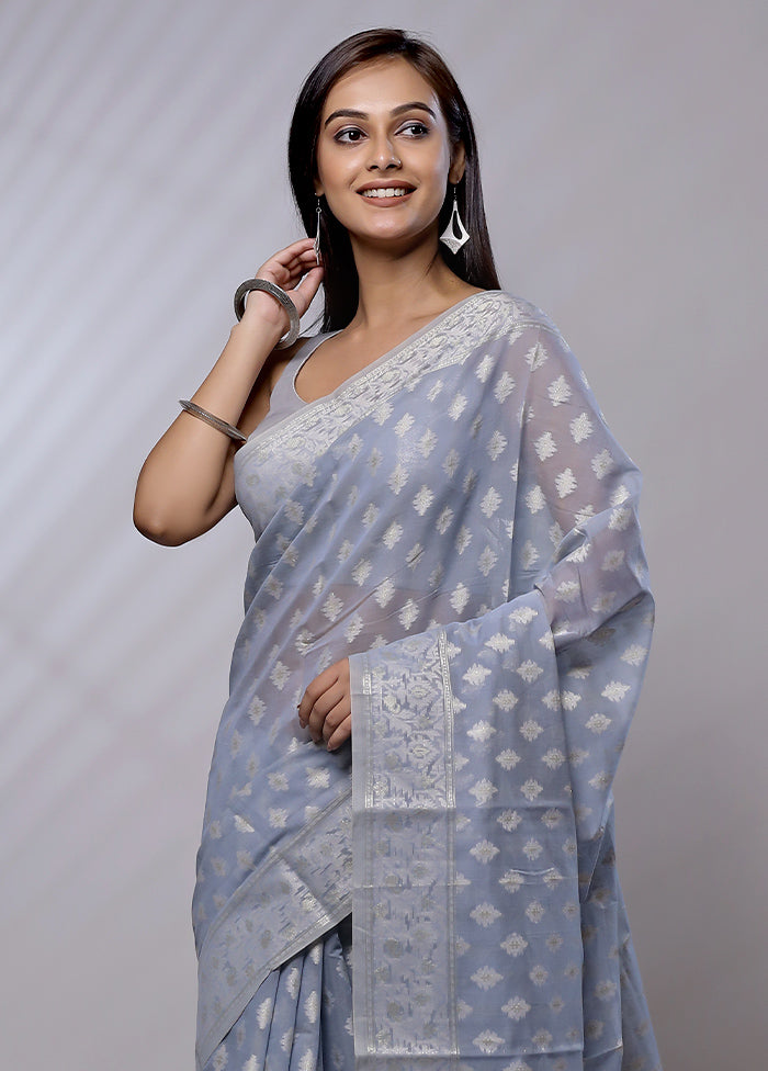 Grey Pure Cotton Saree With Blouse Piece