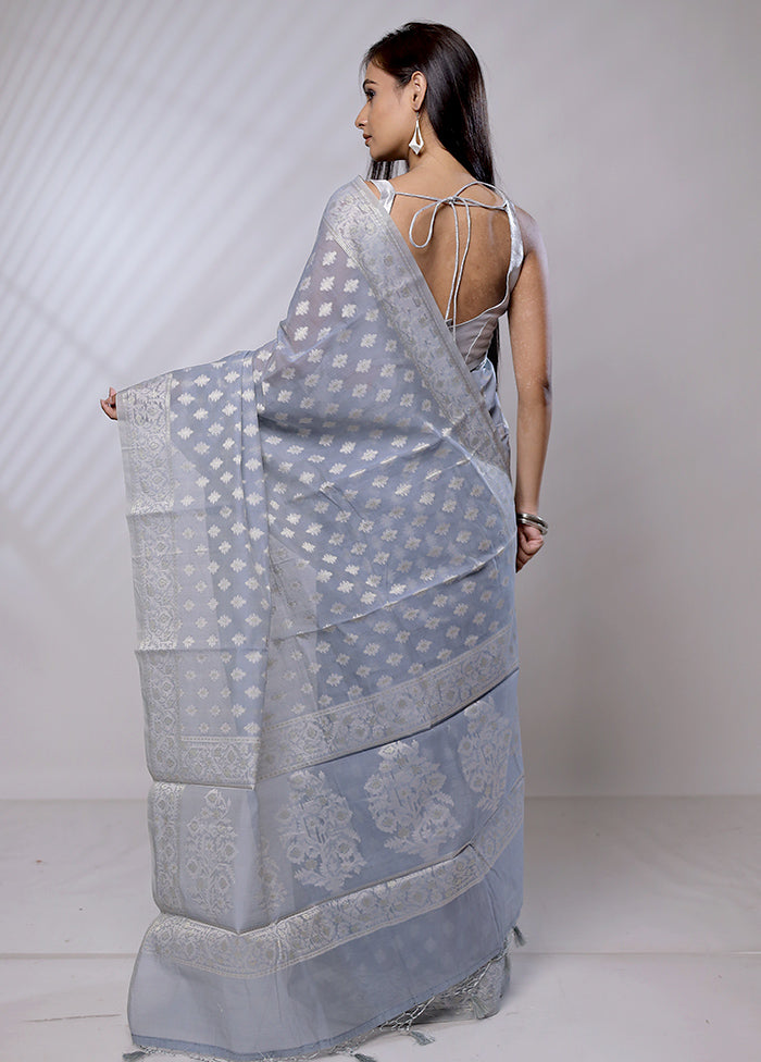 Grey Pure Cotton Saree With Blouse Piece