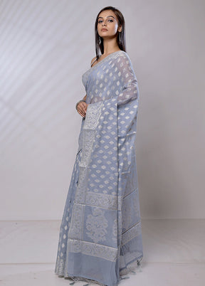 Grey Pure Cotton Saree With Blouse Piece