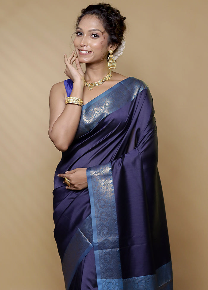 Blue Dupion Silk Saree With Blouse Piece