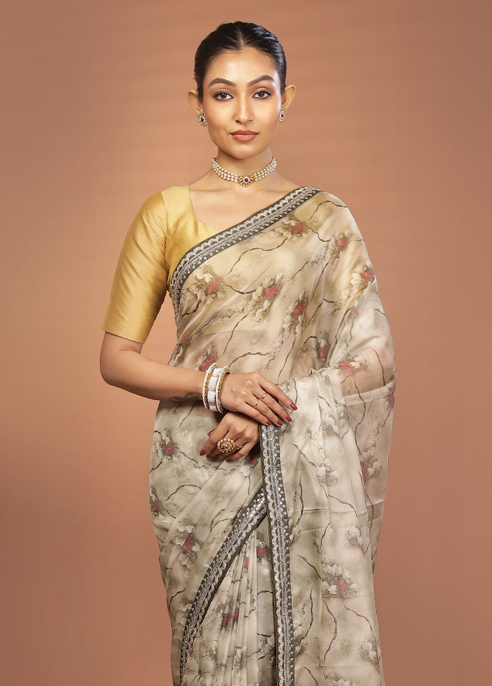 Cream Dupion Silk Saree With Blouse Piece