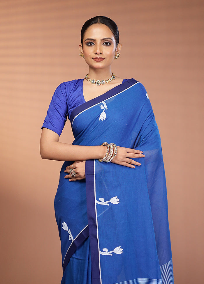 Blue Khadi Cotton Saree With Blouse Piece