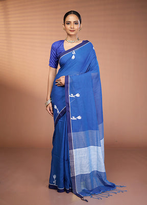 Blue Khadi Cotton Saree With Blouse Piece