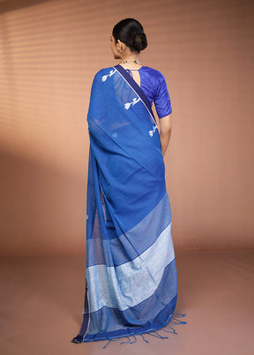 Blue Khadi Cotton Saree With Blouse Piece