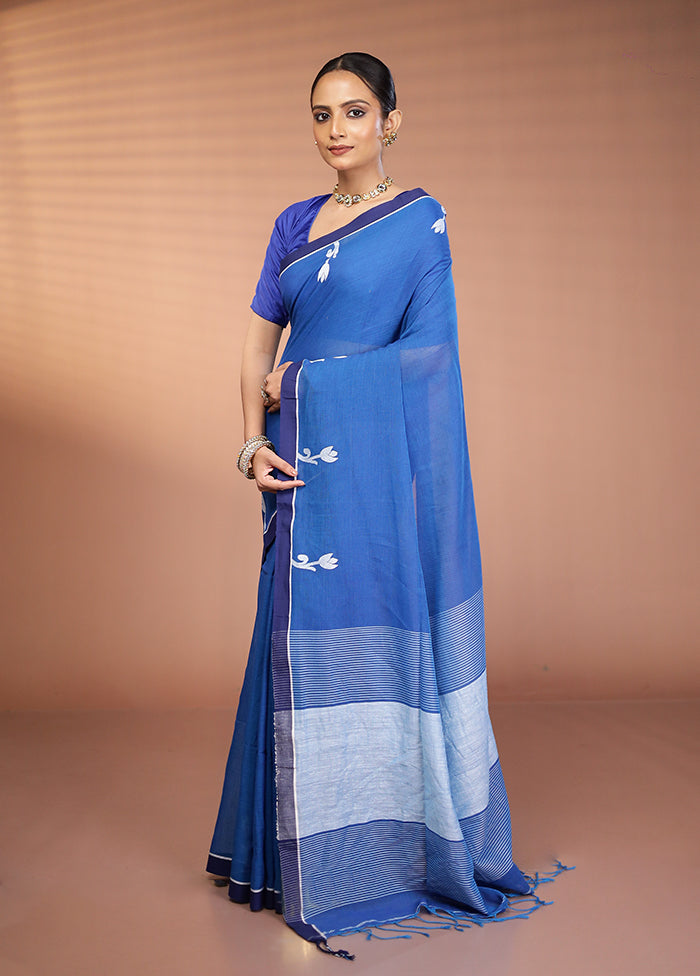 Blue Khadi Cotton Saree With Blouse Piece