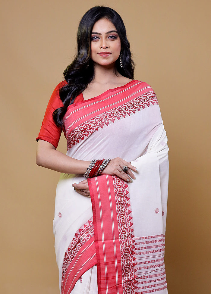 White Khadi Cotton Saree With Blouse Piece