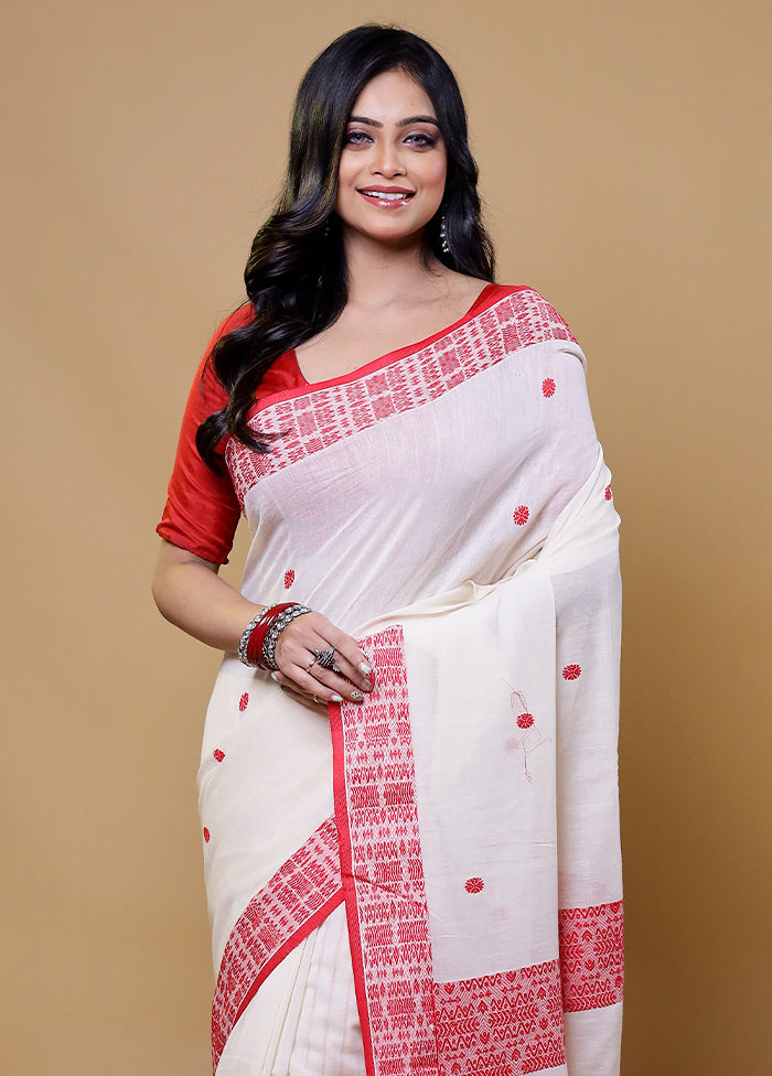 White Khadi Cotton Saree With Blouse Piece