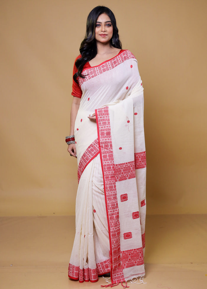 White Khadi Cotton Saree With Blouse Piece