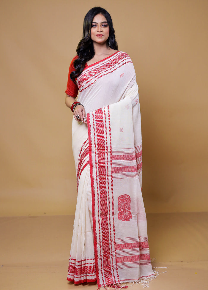 White Khadi Cotton Saree With Blouse Piece