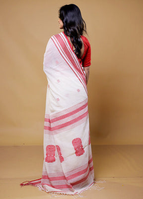 White Khadi Cotton Saree With Blouse Piece