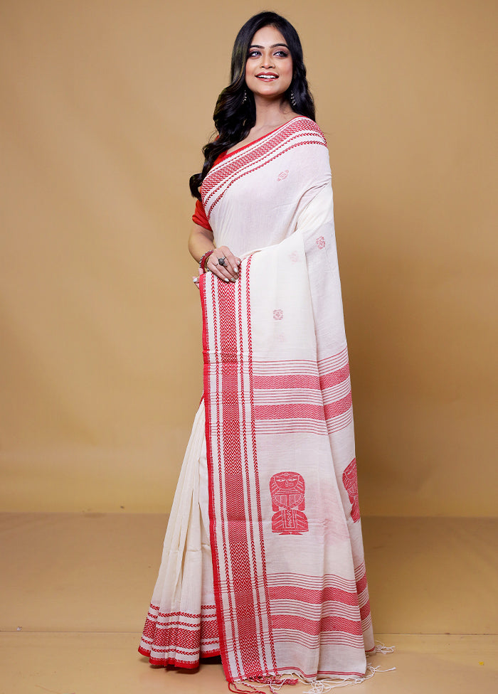 White Khadi Cotton Saree With Blouse Piece