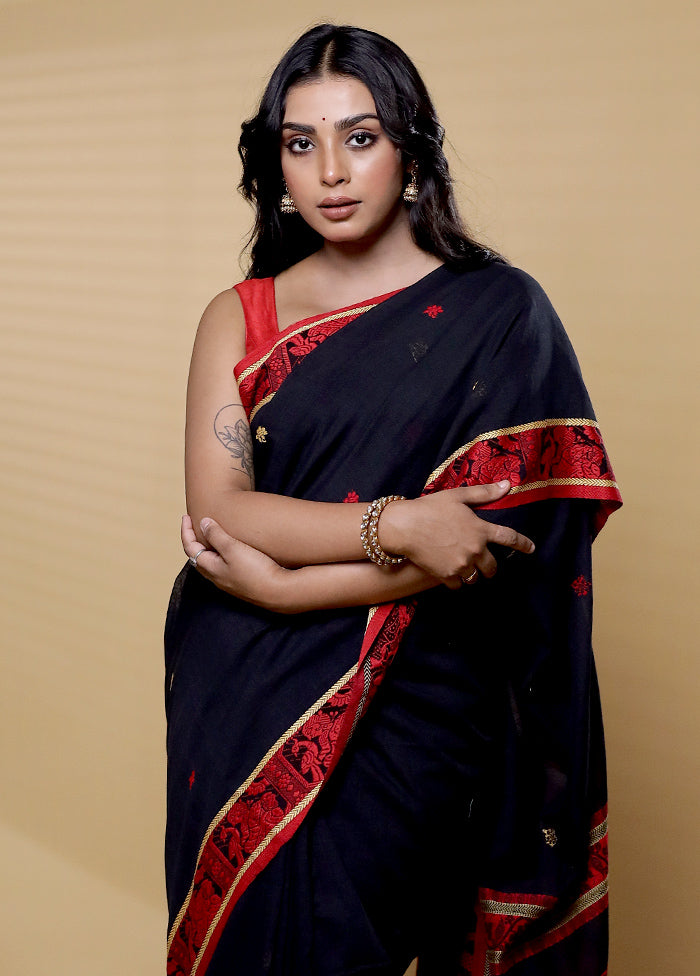 Black Khadi Cotton Saree With Blouse Piece