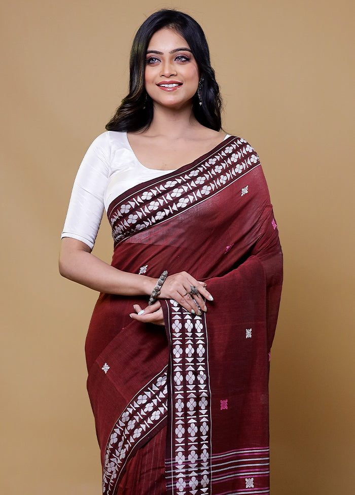 Maroon Cotton Saree With Blouse Piece