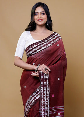 Maroon Khadi Cotton Saree With Blouse Piece