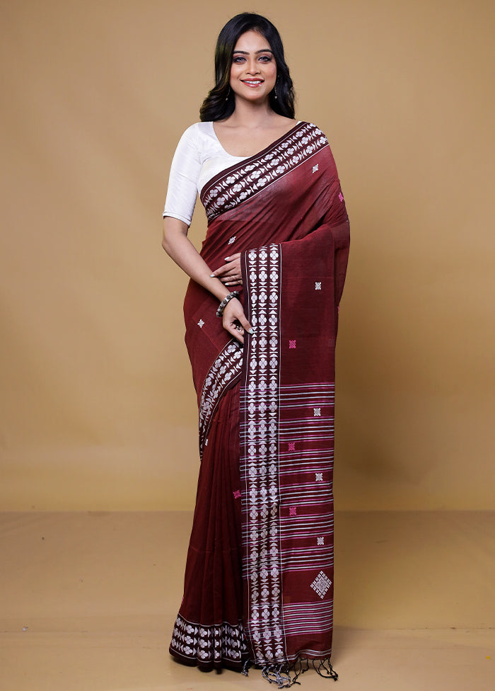 Maroon Cotton Saree With Blouse Piece