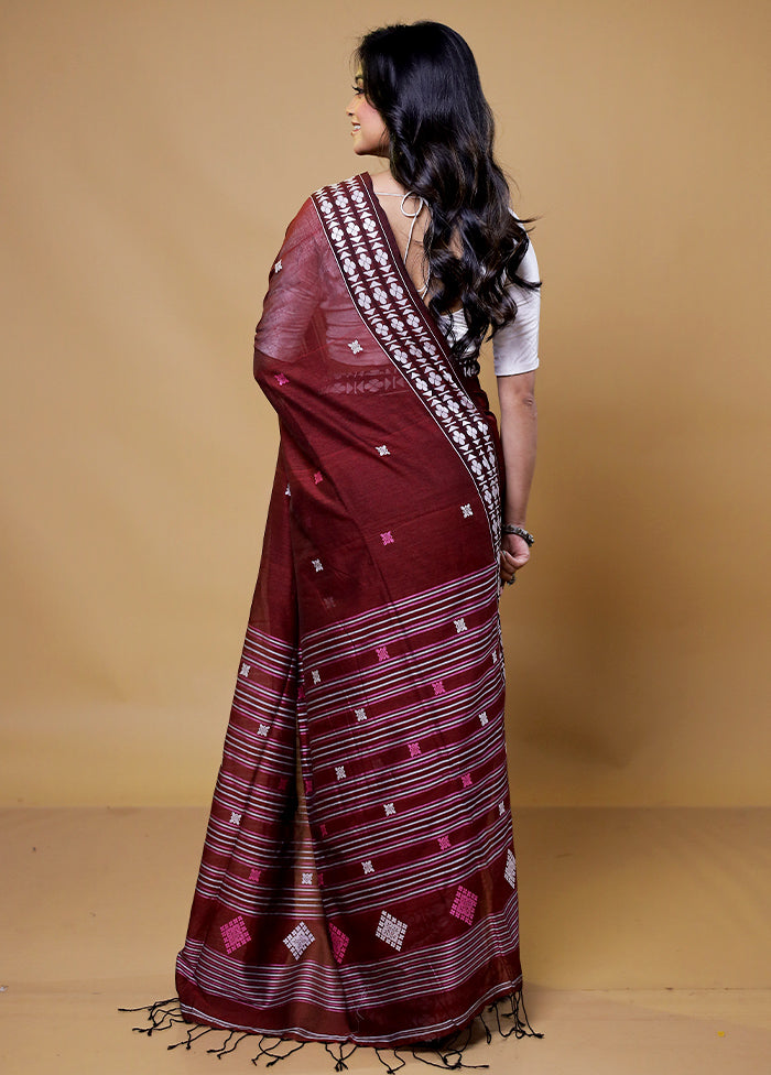 Maroon Khadi Cotton Saree With Blouse Piece