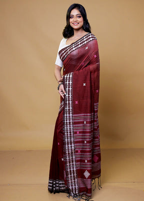 Maroon Khadi Cotton Saree With Blouse Piece