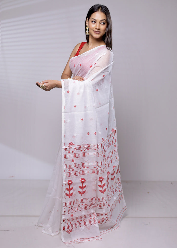 White Jamdani Cotton Saree Without Blouse Piece