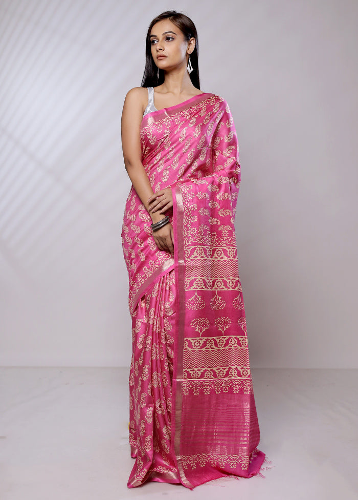 Pink Chanderi Cotton Saree With Blouse Piece