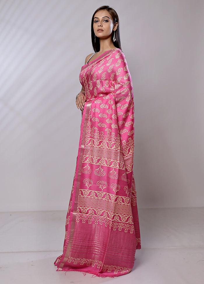 Pink Chanderi Cotton Saree With Blouse Piece