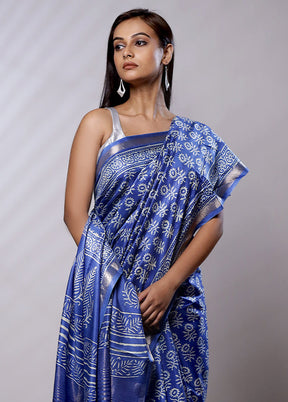 Blue Chanderi Cotton Saree With Blouse Piece