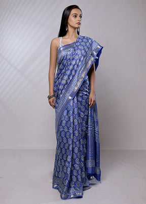 Blue Chanderi Cotton Saree With Blouse Piece