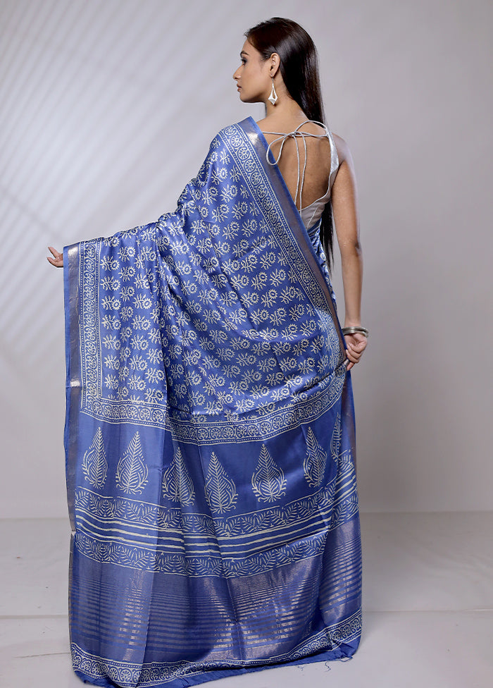 Blue Chanderi Cotton Saree With Blouse Piece