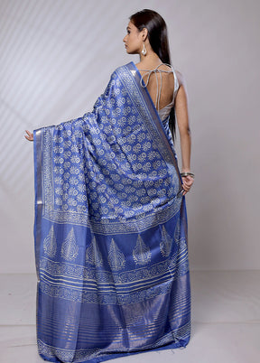 Blue Chanderi Cotton Saree With Blouse Piece