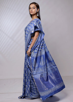 Blue Chanderi Cotton Saree With Blouse Piece