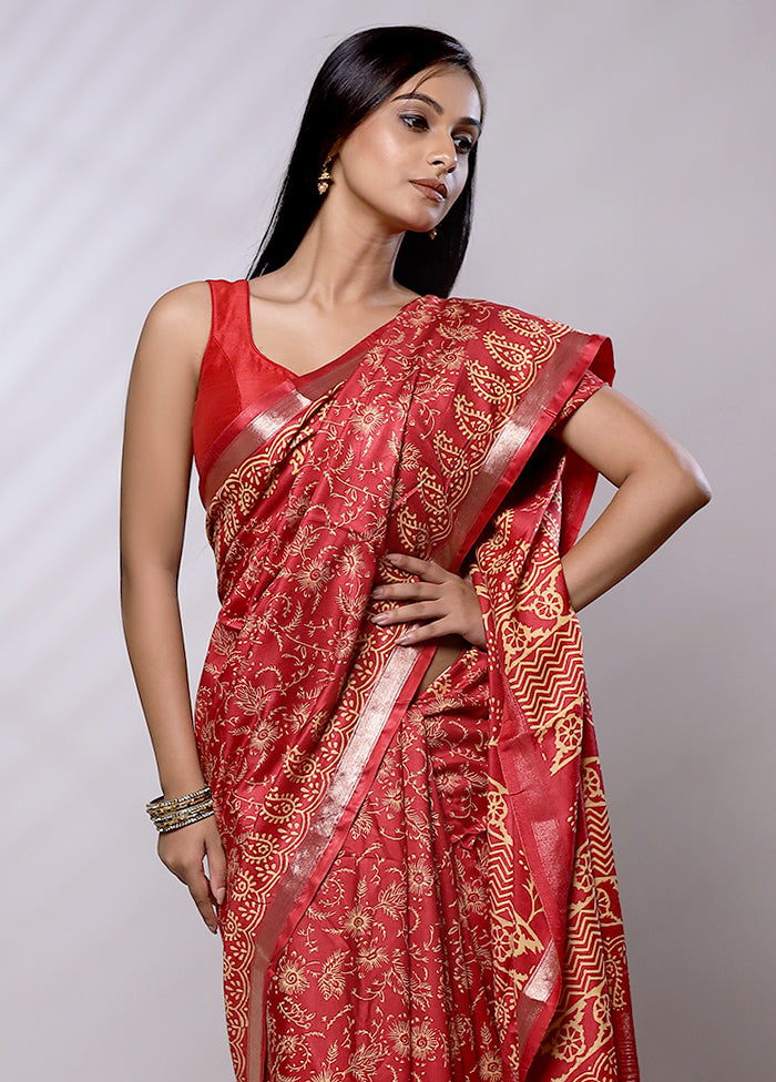 Red Chanderi Cotton Saree With Blouse Piece