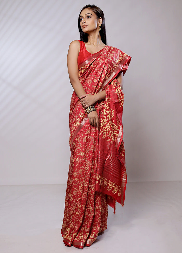 Red Chanderi Cotton Saree With Blouse Piece - Indian Silk House Agencies