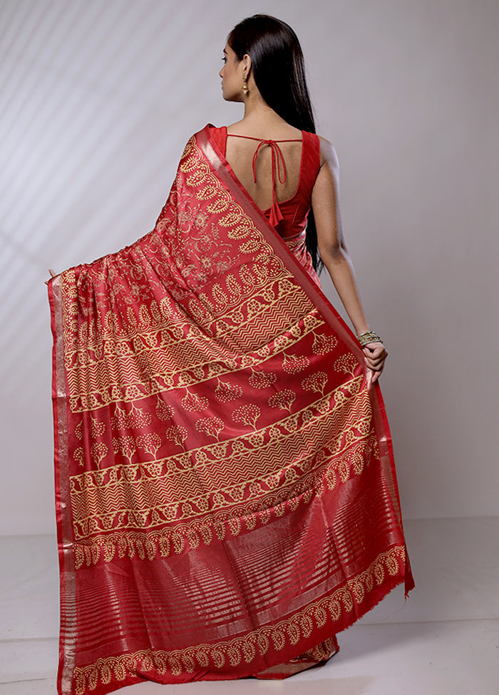 Red Chanderi Cotton Saree With Blouse Piece