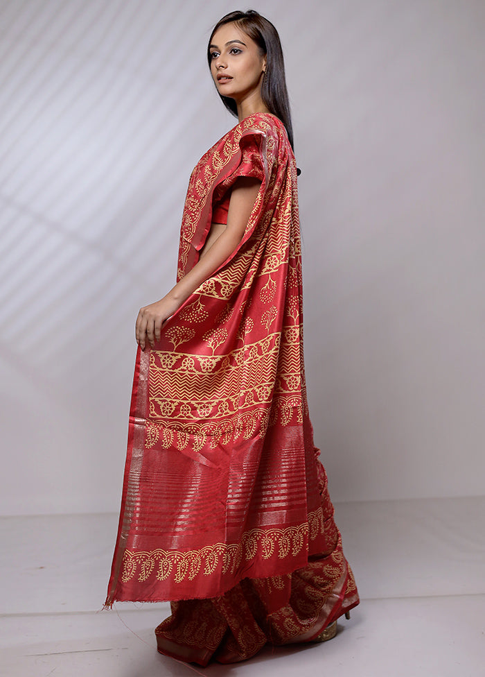 Red Chanderi Cotton Saree With Blouse Piece