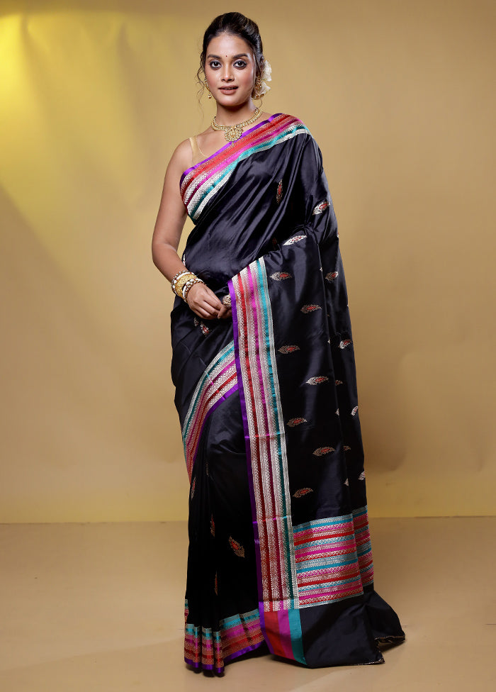 Black Handloom Katan Pure Silk Saree With Blouse Piece