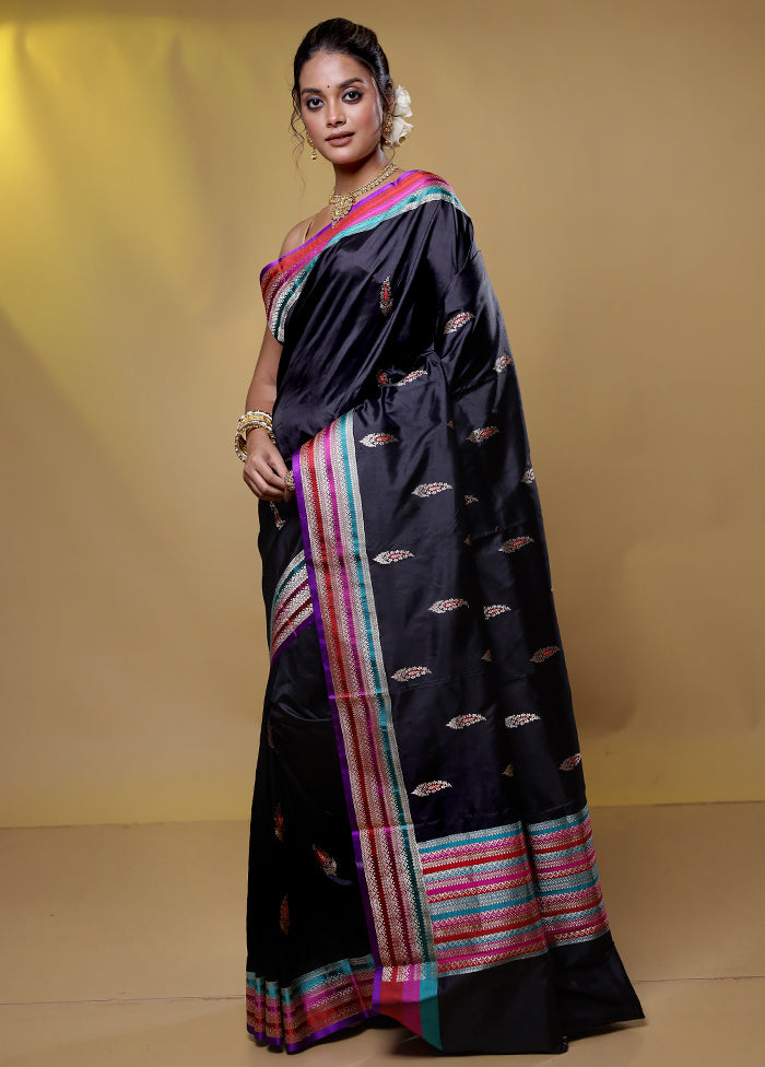 Black Handloom Katan Pure Silk Saree With Blouse Piece