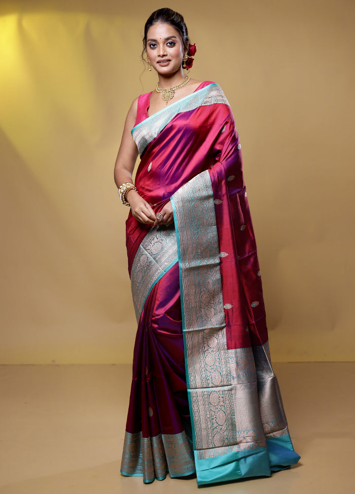 Maroon Handloom Katan Pure Silk Saree With Blouse Piece