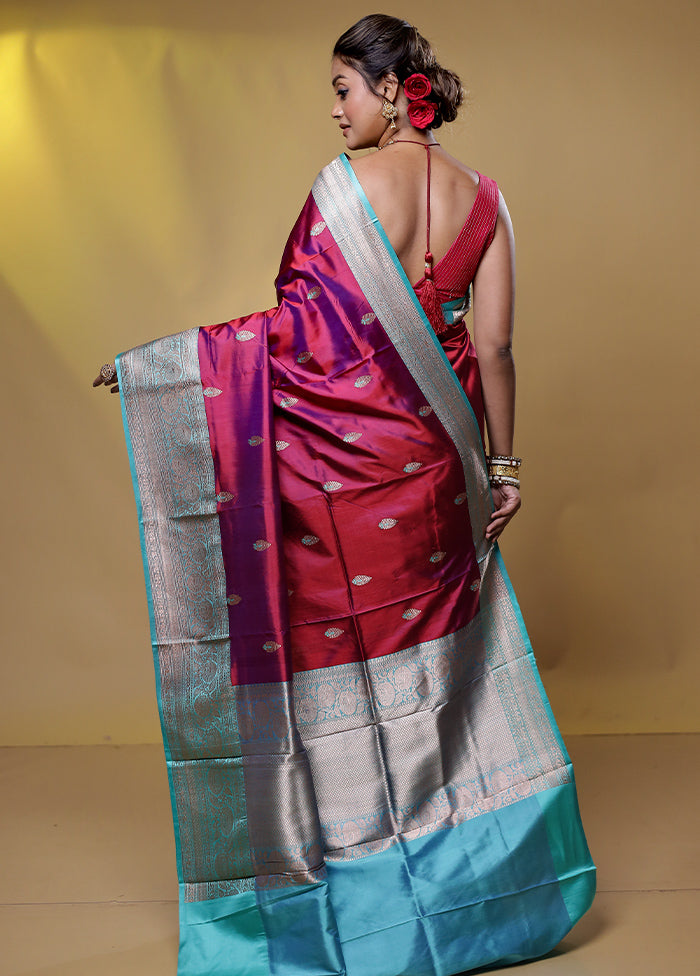 Maroon Handloom Katan Pure Silk Saree With Blouse Piece