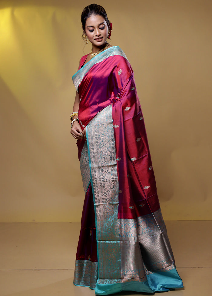 Maroon Handloom Katan Pure Silk Saree With Blouse Piece