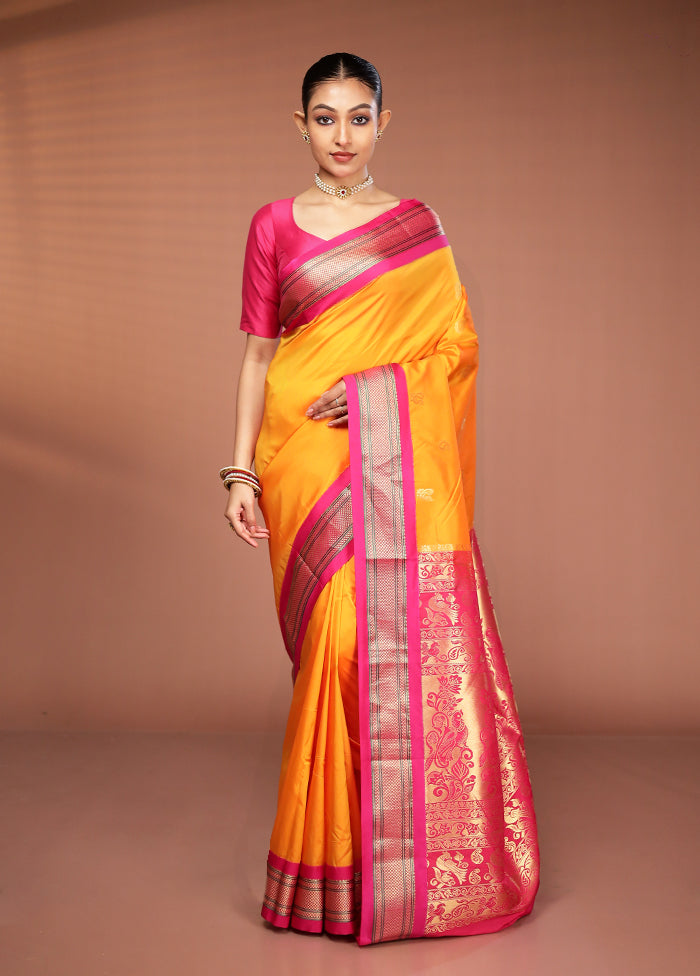 Yellow Kanjivaram Silk Saree With Blouse Piece