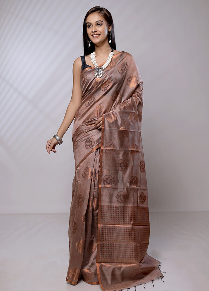 Brown Kora Silk Saree With Blouse Piece