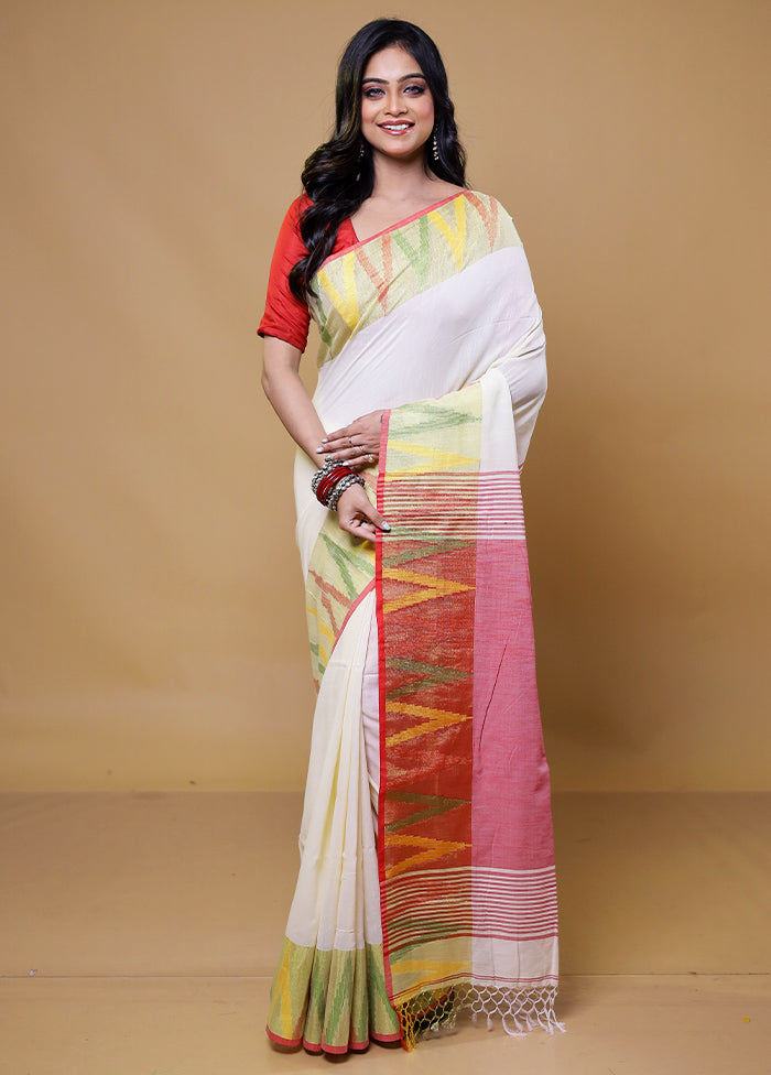 White Khadi Cotton Saree With Blouse Piece