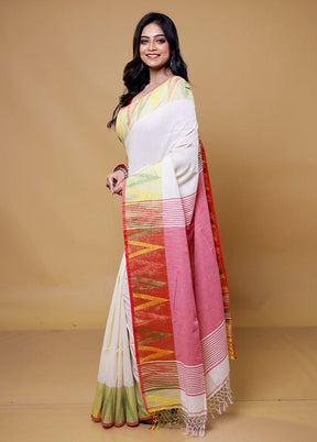 White Khadi Cotton Saree With Blouse Piece