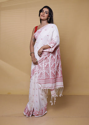 White Khadi Cotton Saree With Blouse Piece